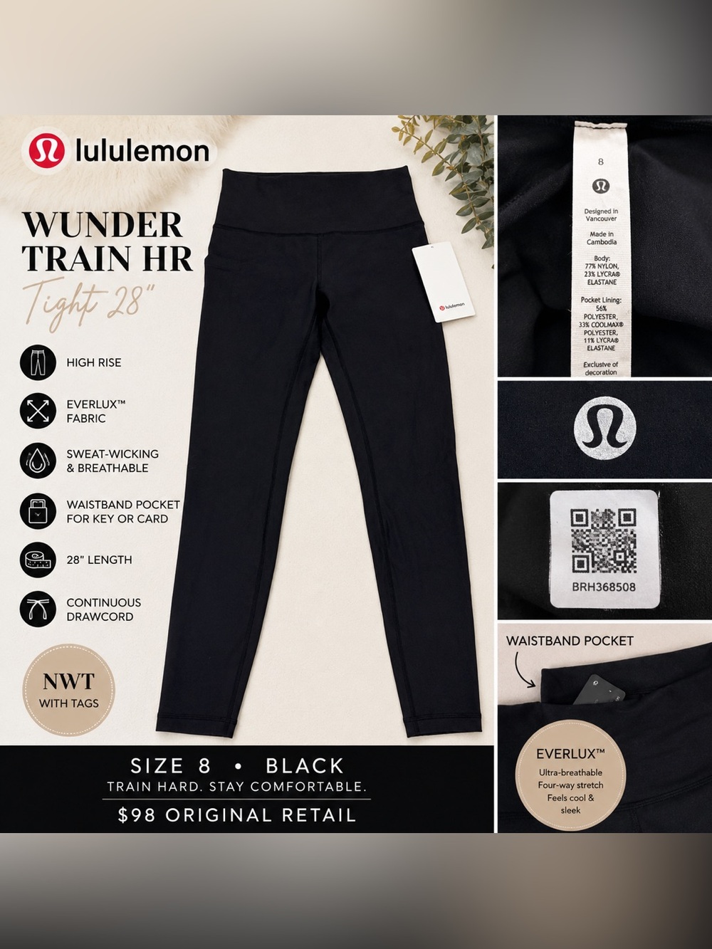 NWT Lululemon Wunder Train High-Rise Tight 28” Black Leggings Size 8
